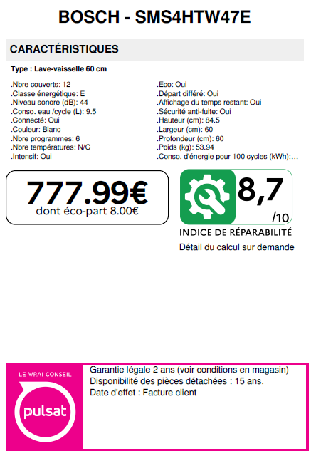 PRIX SMS4HTW47E