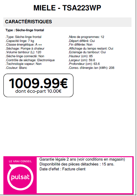TSA223WP prix