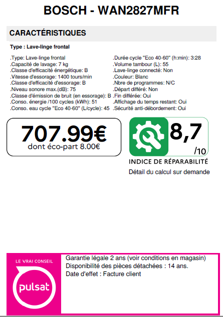 WAN2827MFR prix